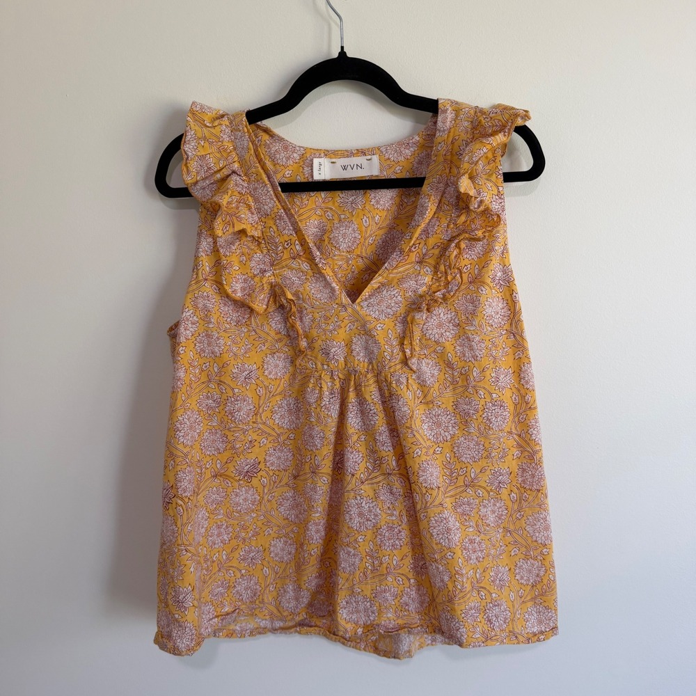 WVN Womens XL Yellow Floral Ruffle Sleeveless V-Neck Cotton Blouse Top